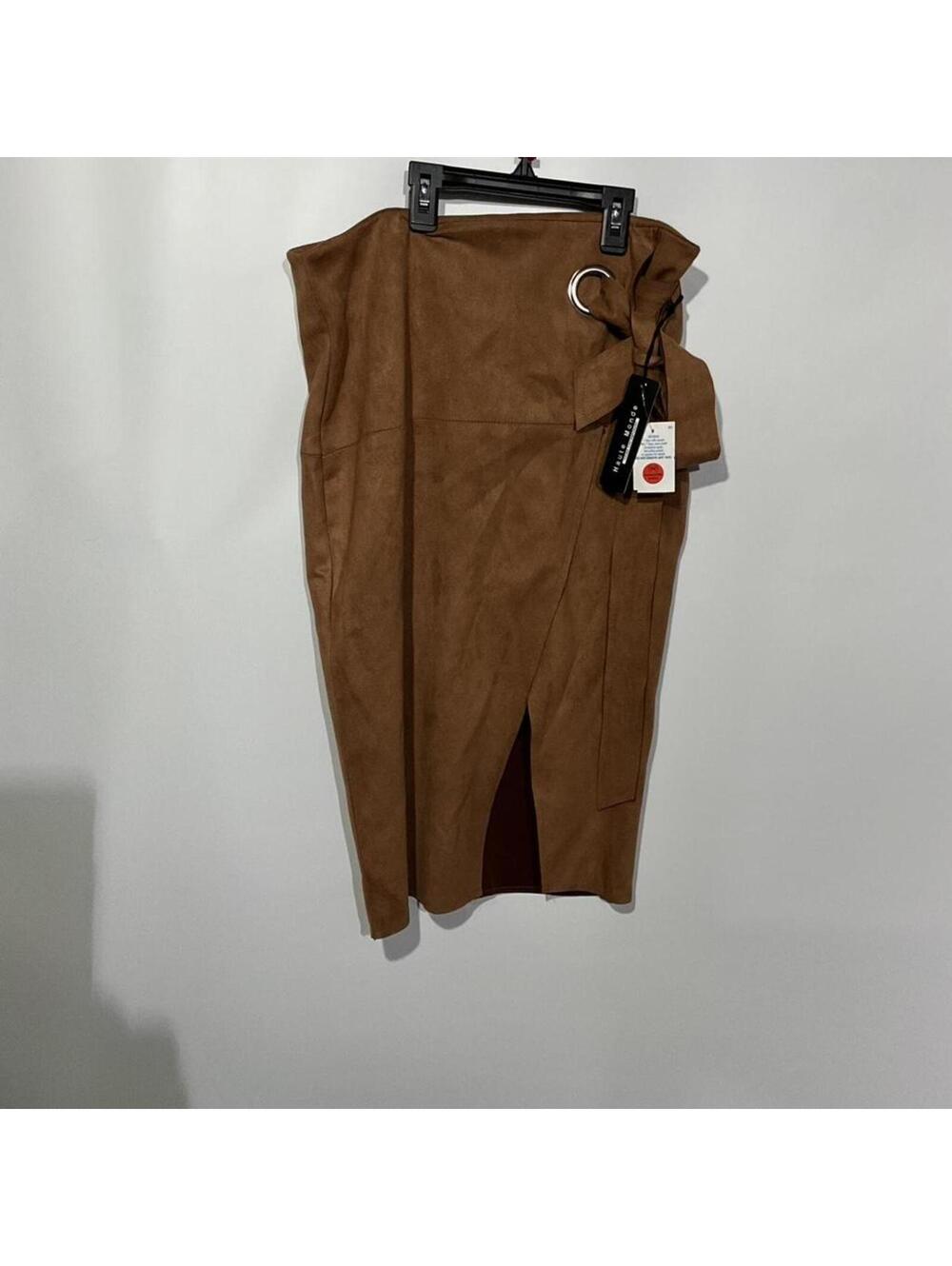 Haute Monde Brown Suede Midi Skirt with Belt Detail